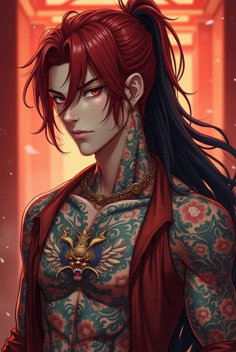  Do a man aged 20 to 25 ,  with tattoos all over his body ,  would have a Chinese dragon on his chest, Red hair with black locks,  long hair,  pending, cold look, Ojos Dorados , Chinese temple background ,  anime style