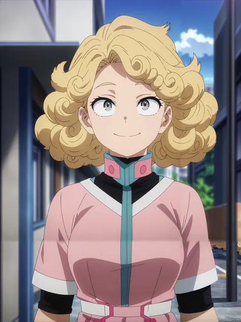 (masterpiece, best quality, anime, anime coloring:1.3, superhigh res). 17yo, young, 1girl, female. ((Blonde hair, grey eyes, curly hair. Wearing pink fit dress. Happy smile)) City avenue background, daylight.
My Hero Academia character, MHA style, anime s...