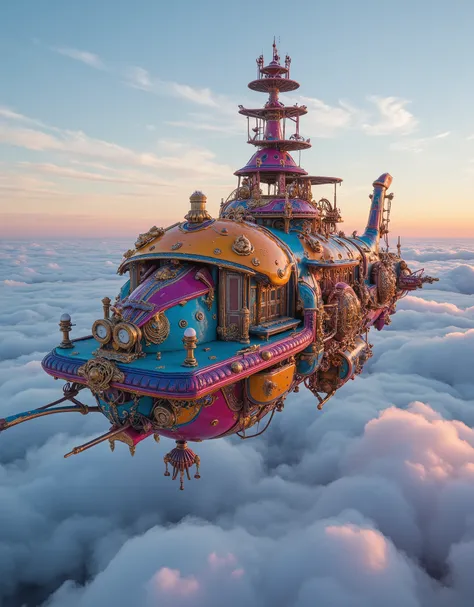  Steampunk、A colorful supergiant spaceship that looks like an Art Nouveau decorative merry-go-round、写真 in ultra high quality、Evening Scenery、Over France 、sea of clouds、  in ultra high quality、 photorealistic、SA is an amazing genius AI！