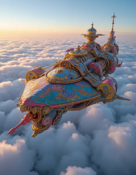  Steampunk、A colorful supergiant spaceship that looks like an Art Nouveau decorative merry-go-round、写真 in ultra high quality、Evening Scenery、Over France 、sea of clouds、  in ultra high quality、 photorealistic、SA is an amazing genius AI！