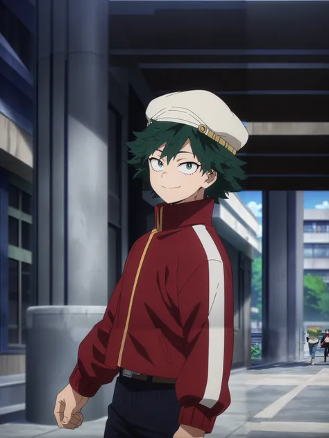 (masterpiece, best quality, anime, anime coloring:1.3, superhigh res). 20yo, young, 1man, male. ((Green hair, green eyes, ling hair. Wearing bakerboy cap, red jacket and blue jeans. Happy smile)) City avenue background, daylight.

My Hero Academia characte...