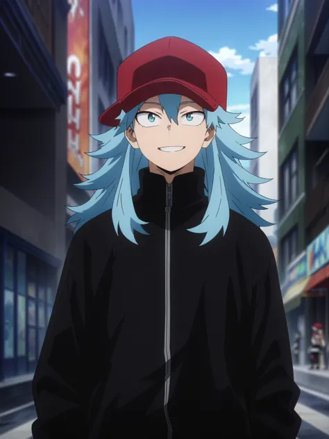 (masterpiece, best quality, anime, anime coloring:1.3, superhigh res). 17yo, young, 1man, male. ((Blue hair, blue eyes, long hair. Wearing a red cap, black jacket and blue jeans. Happy smile)) City avenue background, daylight.

My Hero Academia character, ...