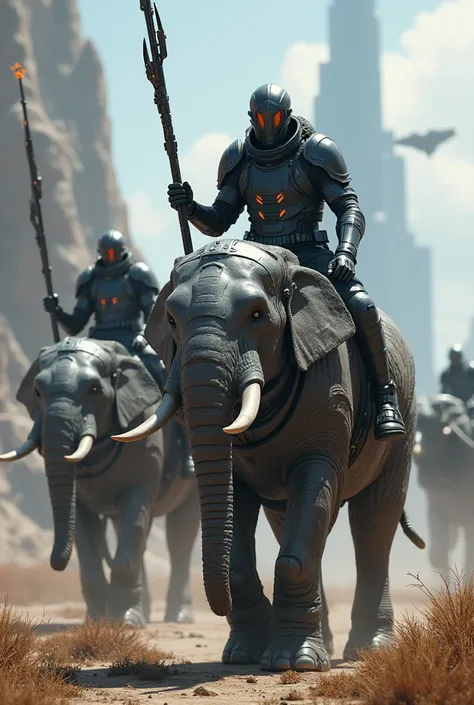 Warriors wearing Sci Fi armor look very modern, holding a Sci Fi spear, riding a large Sci Fi elephant. Realistic light image