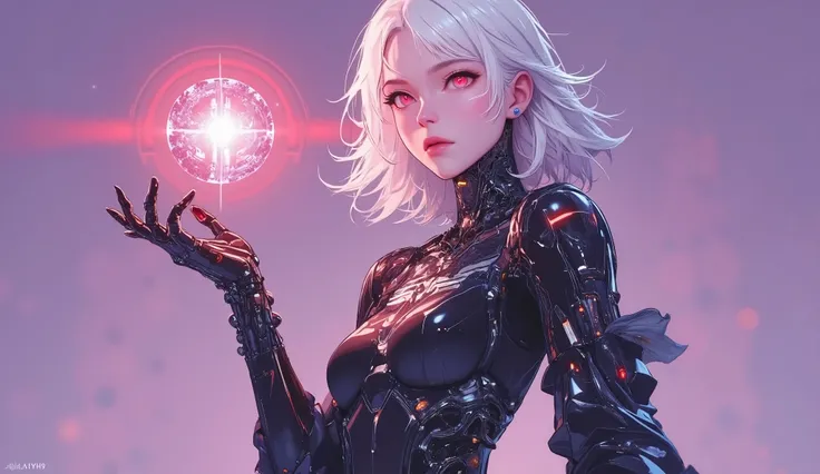 AI woman in a black cyberpunk suit with white details , very tall, with thick thighs, wide hips, long legs, and a slender waist. Dark red glowing eyes, short flowing white hair in bob hairstyle. A hovering red energy orb above her palm. Alluring, looking d...