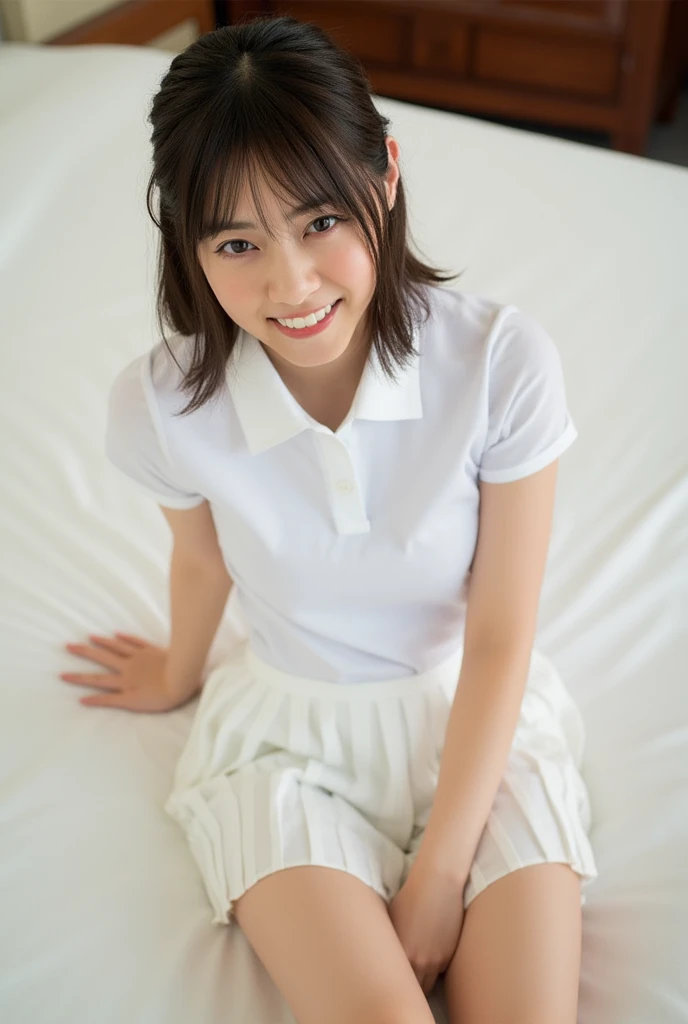 (Masterpiece, Best quality: 1.4), (Ultra realistic, Photo-realistic: 1.2), (nsfw: 1.2), (Full body:1.1), (From above: 1.1), Natural light, 28 years old actors, Japanese woman, Neat and clean, ((Wearing white tennis uniform, White short-sleeve polo shirt wi...