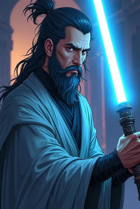 Draw: a pale male jedi echani knight with ronin hairstyle and gray eyes. He has full beard and a blue lightsaber. Anime style.