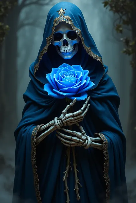 Santa Muerte hugging blue rose