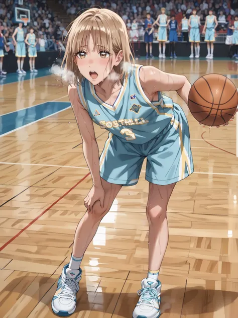 basketball uniform, light brown bob hair, leaning forward, blush, full body, (enjoy expression:1.3), (sweaty:1.7), (hard breathing:1.5), (open mouth:1.5), 
