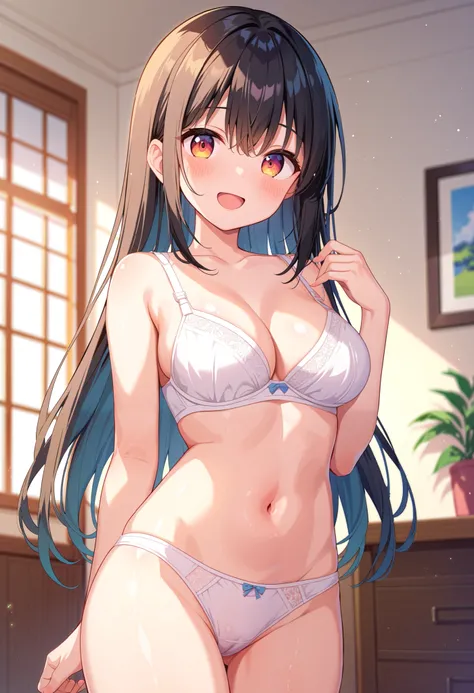  anime style girl 、 in underwear、(( white panties、 white bra))、((No clothes))、(( and sit )、 cute smile 、((I'm looking forward to seeing my upper teeth 、 have an open mouth))、Western-style room、(( are standing))、 BRIGHT、whole body、 staring at viewers、One pe...