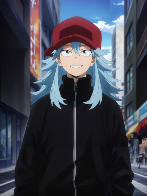 (masterpiece, best quality, anime, anime coloring:1.3, superhigh res). 17yo, young, 1man, male. ((Blue hair, blue eyes, long hair. Wearing a red cap, black jacket and blue jeans. Happy smile)) City avenue background, daylight.

My Hero Academia character, ...
