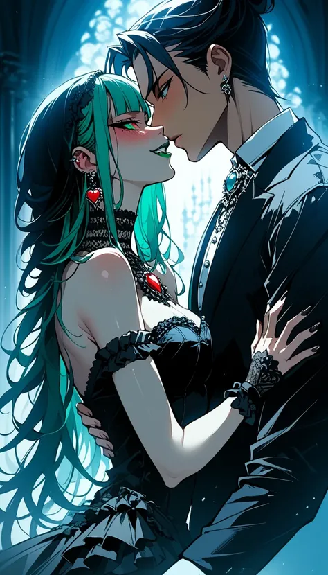  score_9,  score_8_arriba,  score_7_arriba,  score_6_arriba, Dark theme， viewer makearriba medium _ge4 original 1 girl vampira , showing her fangs, blood in chest,( elegant gothic dress,  bare shoulders:1.8) negro_ lolita gradient green _ Bangs , blush, Cl...