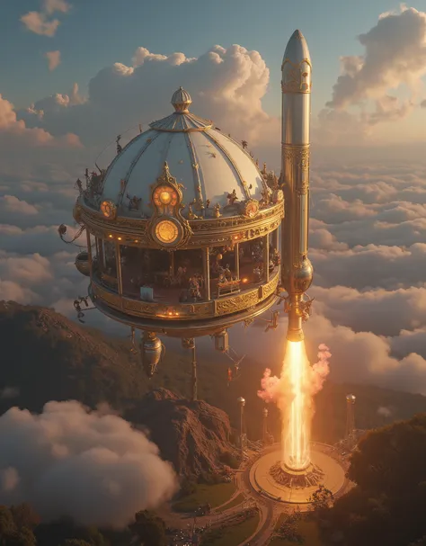  Steampunk、A large egg-shaped rocket that looks like an Art Nouveau decorative merry-go-round、rocket launch site、写真 in ultra high quality、 bird's-eye view angle where it is floating、Evening Scenery、  in ultra high quality、 photorealistic、SA is an amazing g...