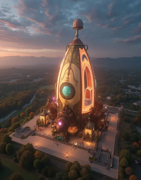  Steampunk、A large egg-shaped rocket that looks like an Art Nouveau decorative merry-go-round、rocket launch site、写真 in ultra high quality、 bird's-eye view angle where it is floating、Evening Scenery、  in ultra high quality、 photorealistic、SA is an amazing g...