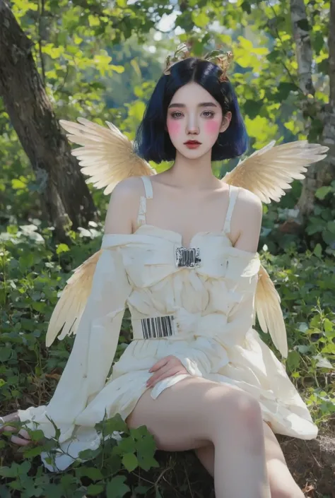 Black Hair,short hair,black eye,Angel&#39;s wing,Black clothes,Gender unknown,Expressionless,The lines are a little rough, best quality, masterpiece, 748cmstyle, 1girl, angel wings, white skirt, glitch, halo, bandaid on leg, black hair, barcode, school uni...