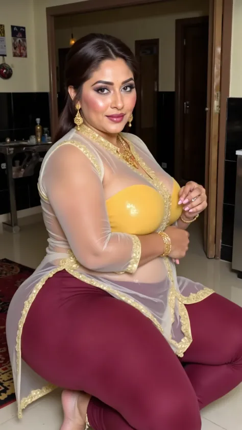 I am 40 year old plus size tall and big giant indian muslim women, looking like indian actress hansika motwani, wearing a gold boarded sleeveless transparent cream kurti yellow bra inside,and shining reflective glossy bright maroon very tight leggings,all ...