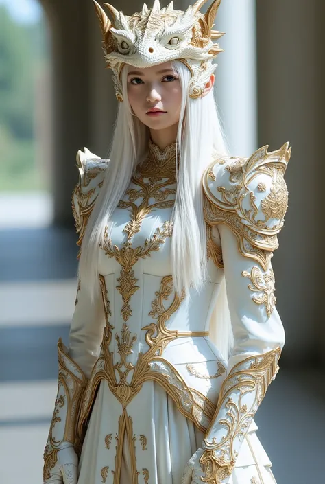 Image of a female warrior wearing a dragon costume, masterpiece, cinematic lighting, UHD, accurate, super detail, high details, high quality, award winning, best quality, 16k, detailed face, realistic textured skin, pure white long hair, heavy white and go...