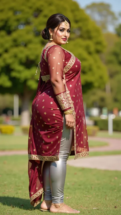I am 40 year old plus size tall and big giant indian muslim women, looking like indian actress hansika motwani, wearing a gold boarded sleeveless transparent maroon kurti yellow bra inside,and shining reflective glossy bright silver very tight leggings,all...