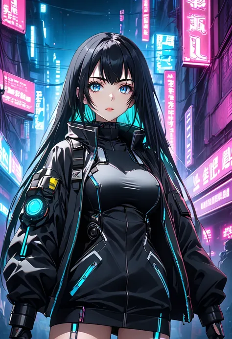 Anime girl with black hair, long and straight hair, neon lights, light blue eyes, D size breasts, cyberpunk anime girl, Best 4K anime wallpapers by konachan, cyberpunk anime digital art, cyberpunk anime art, digital cyberpunk - anime art, female cyberpunk ...