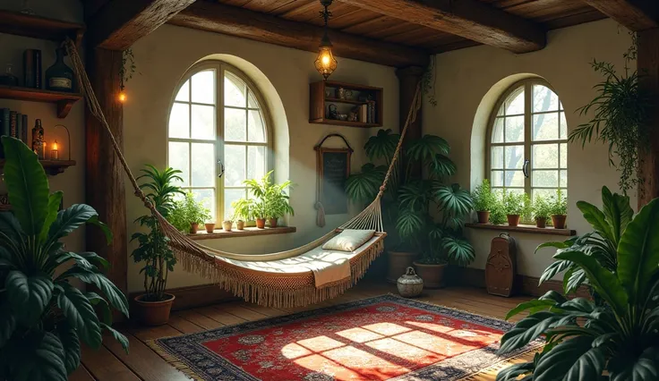 a spacious and tall room with a hammock in a corner and several exotic plants scattered on the walls and shelves with components of paranormal witchcraft.     I would like the art in a fantasy RPG style    . In the Old West