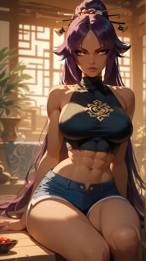 estilo Yoruichi Shihouin,  perfect eyes,  perfectly sexy face, ultra detailed,  ultra perfect eyes ,  big beautiful woman , sitting, dark blue shorts, Body,  looking at the spectator,