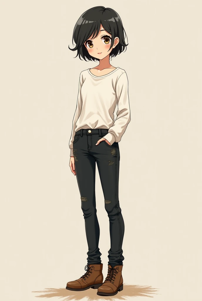 Generate a cute anime girl of 37 years old with a white shirt with bits of dust, black dusty jeans, brown leather boots and short black hair, also with brown eyes