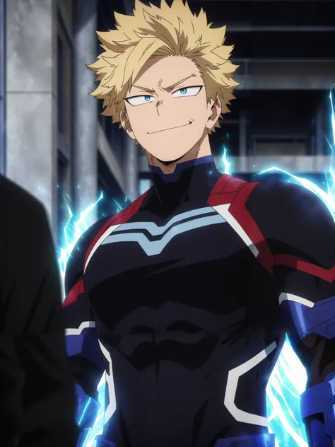 (masterpiece, best quality, anime, anime coloring:1.3, superhigh res). 17yo, young, 1man, male. ((A muscular man with a strong jawline, short blond hair, and blue eyes. Wears a sleek red, white, and blue armored bodysuit with star-shaped gauntlets that sto...