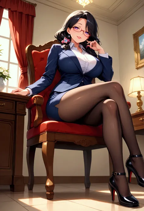 1 mature beautiful and elegant charming celestial woman ,(masterpiece:1.3, top quality :1.3, very detailed depiction:1.3, incredible high resolution:1.3,High quality anime drawings),( office lady with straight black hair,An excellent matriarch,Villainess,G...