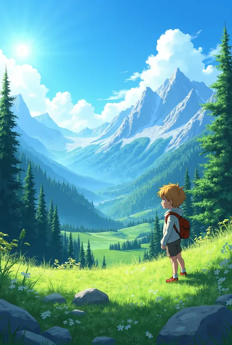 anime inspired greenery alps with bright blue sky and bright sun a boy in the side