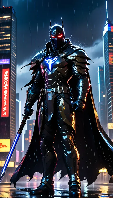 A shadowy vigilante stands atop a skyscraper, surveying the city below on a rainy night. He wears a black suit reinforced with silver metallic accents, his long, worn cape fluttering in the wind. His face is hidden by a tactical mask with a bright red viso...