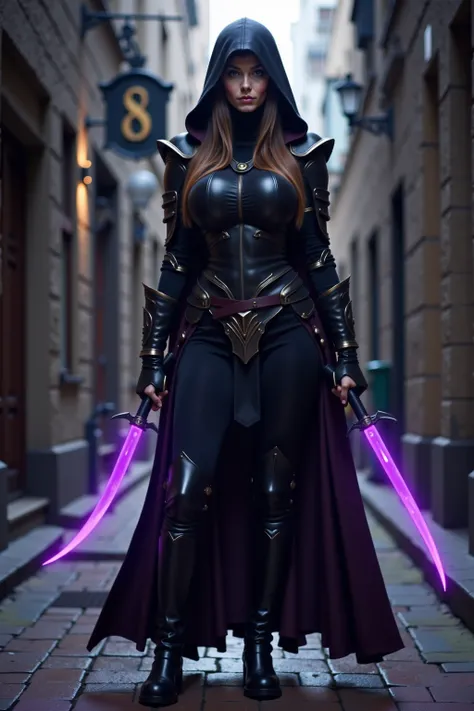 1girl, solo, elf, long hair, purple eyes, serious, slim waist, (((black assassin's facemask))), fingerless gloves, (((black hooded cape, cloak)))), assassin, ((((full black fantasy assassin's body armour))), (((hooded))), (full body), black fingerless elbo...