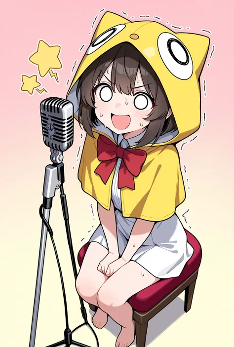 masterpiece, best quality, good quality, very aesthetic, absurdres, newest,1girl, solo, o o, bow, bowtie, capelet, gradient background, hood up, hooded capelet, light blush, microphone, nervous, nervous sweating, seiza, sitting on stool, open mouth, pink b...