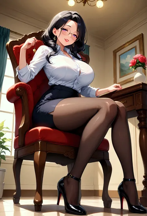 1 mature beautiful and elegant charming celestial woman ,(masterpiece:1.3, top quality :1.3, very detailed depiction:1.3, incredible high resolution:1.3,High quality anime drawings),( office lady with straight black hair,An excellent matriarch and business...