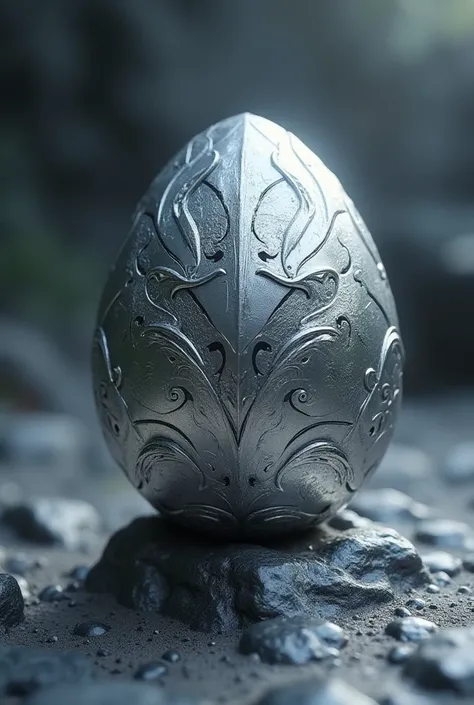 Dragon egg;
Silver metal elemental egg;
One egg;
Silver metal background, detail.