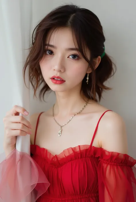 Beautiful Japanese woman 、、 She is wearing a red off-the-shoulder dress、濃い eyeshadow 、 、 Semi-long hairstyle、wavy hair 、  Brown Hair、 ear piercing、  Empty Expressions 、 necklace、 white background、
