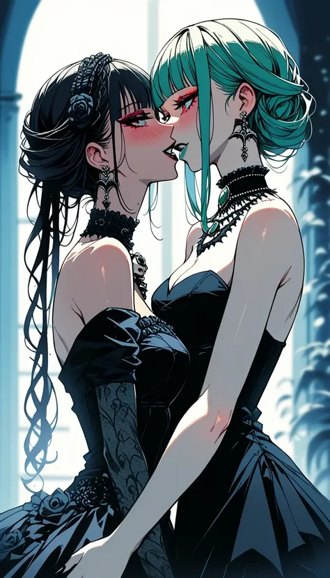  score_9,  score_8_arriba,  score_7_arriba,  score_6_arriba, Dark theme， viewer makearriba medium _ge4 original 1 girl vampira , showing her fangs, blood in chest,( elegant gothic dress,  bare shoulders:1.8) negro_ lolita gradient green _ Bangs , blush, Cl...