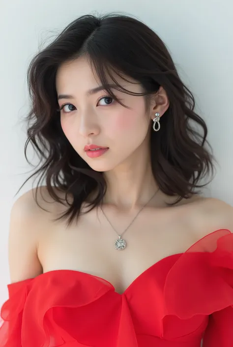 Beautiful 韓国人 woman 、、 She is wearing a red off-the-shoulder dress、濃いeyeshadow 、 、 Semi-long hairstyle、wavy hair 、 、 ear piercing、  Empty Expressions 、 necklace、 white background、
