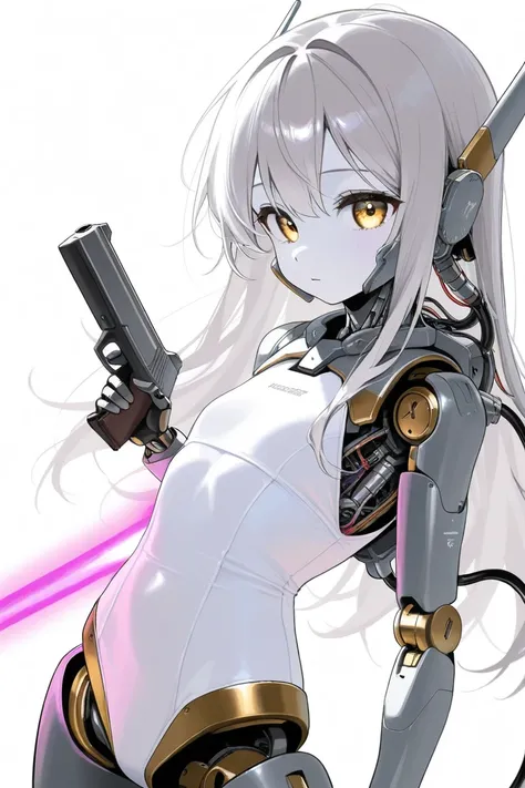 (best quality, background detail), best quality, original detail dynamic art, (golden eyes), image from waist down, inorganic gaze, detailed mechanical joints, reinforced exoskeleton, white leotard, white skin, gray hair, long hair, (one cyborg girl), (hol...