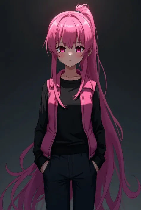 Girl,anime,not smile,no expression,black front bangs,pink hair,pink hair in a single ponytail,details,long-sleeved black shirt,long black pants,pink vest,shadow