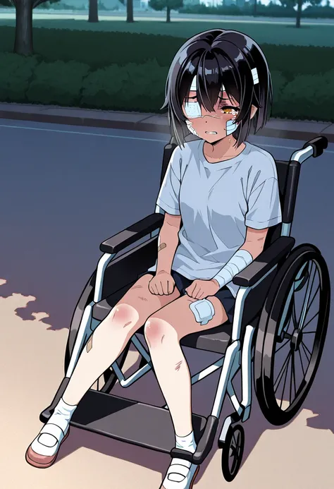 a girl,amber eye,black hair,injured,bruised eye,white medical eyepatch,bandage on forehead,bandaids on face,gauze on cheek,cast on leg,wheelchair,painful face,blushed,tears,in park,anime moe style