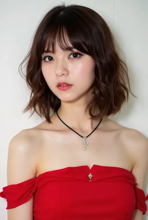 Beautiful Japanese woman 、、 She is wearing a red off-the-shoulder dress、濃い eyeshadow 、 、 Semi-long hairstyle、wavy hair 、  Brown Hair、 ear piercing、  Empty Expressions 、 necklace、 white background、
