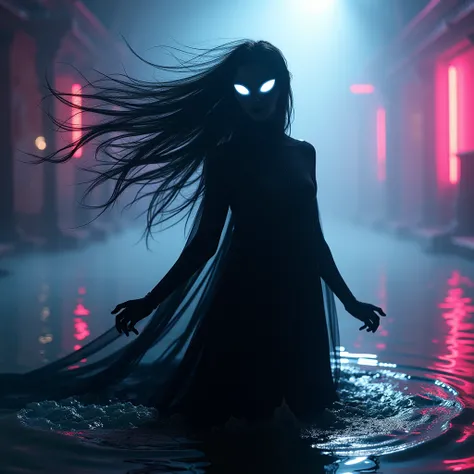 Evil alien whose body is completely black, only her eyes glow with white effects, and a water background with lots of gradient neon effects and a fluttering black chain, in addition, she sees from afar, and her hair flutters in 4k when changing shadows fro...