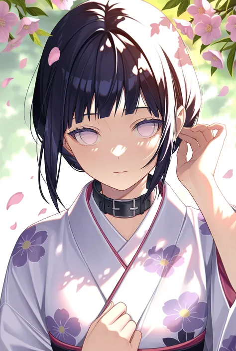 1girl, solo, hyuuha_hinata, black collar, kimono, dappled sunlight, outdoor, hand up, colored eyelashes, backlighting, no pupils, flower print, petals, flower petals,masterpiece, best quality, good quality, very awa, very aesthetic, absurdres, newest