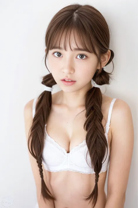 ( best quality:1.5), ( real :1.4), ( Ultra Fine:1.4), (1idol girl ), (19-years-old idol girl), (very cute face with droopy eyes:1.2), (big breasts), (white bra), (white panties), (light brown twin tails with bangs:1.2), ( uneasy expression), (cute idol gir...