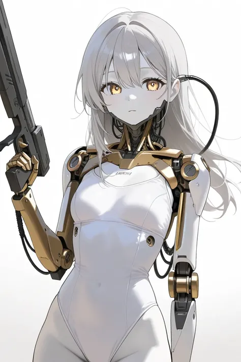 (best quality, background detail), best quality, original detail dynamic art, (golden eyes), image from waist down, inorganic gaze, detailed mechanical joints, reinforced exoskeleton, white leotard, white skin, gray hair, long hair, (one cyborg girl), (hol...