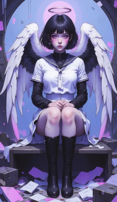 Black Hair,short hair,black eye,angel&#39;s wing,Black clothes,Gender unknown,Expressionless,The lines are a little rough, best quality, masterpiece, 748cmstyle,  1girl , angel wings, white skirt, glitch, halo, bandaid on leg, black hair, barcode, school u...