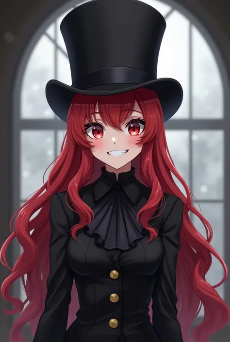 An semi-realistic anime image of a woman, around 20 years old. She has long wavy hair and is red in color. She has wide yet sharp, scarlet eyes and has a huge grin on her pale face. She's wearing a tall, black stylish top hat. She's wearing a black victori...