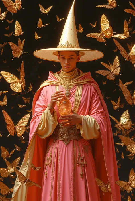 (photorealism:1.2), (best quality,4k,8k,highres,masterpiece:1.2),ultra-detailed,(realistic,photorealistic,photo-realistic:1.37),a wizard young men, wearing rich pink wizard outfit, standing, an unusual number of flying golden butterflys covering everywhere...