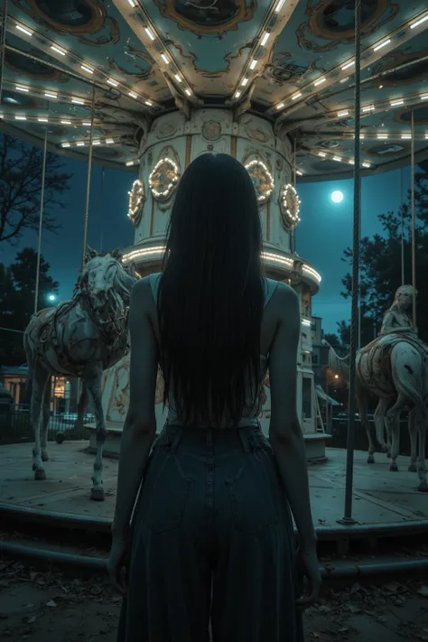   surrealism  ,   artwork, 8K quality, Creepy、 an abandoned merry-go-round that starts moving at night,  Back view of a translucent woman in trouble､Horror movies 、 low angle、Moonlit Night、masterpiece,  high resolution,  high detail,  long hair, poster · 