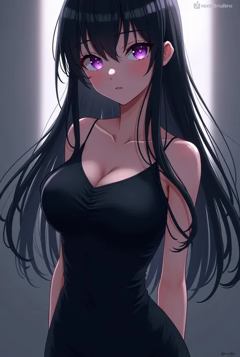 A girl in a tight black dress and long black hair with purple eyes
And pretty from anime 
