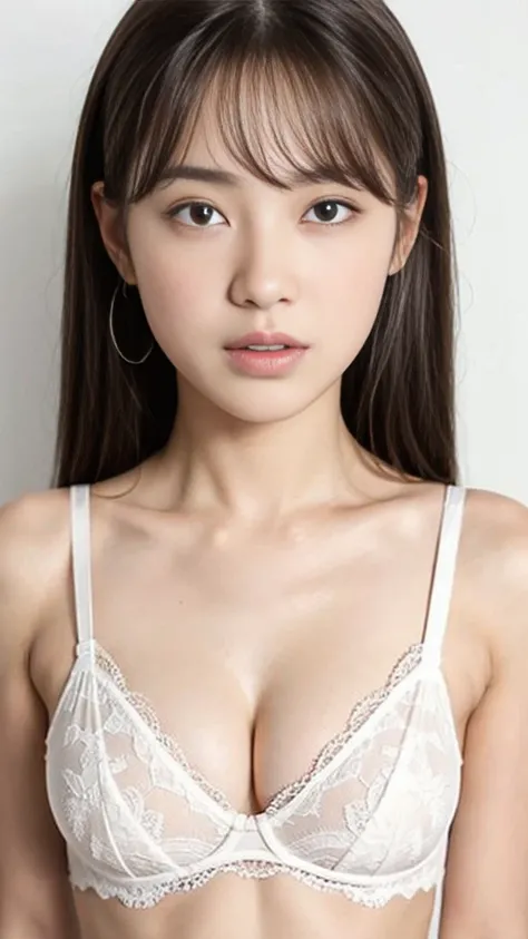 ( best quality:1.5), ( real :1.4), ( Ultra Fine:1.4), (1idol girl ), (19-years-old idol girl), (very cute face with droopy eyes:1.2), (big breasts), (white bra), (white panties), (light brown long hair with bangs:1.2), (very uneasy expression ), (cute idol...